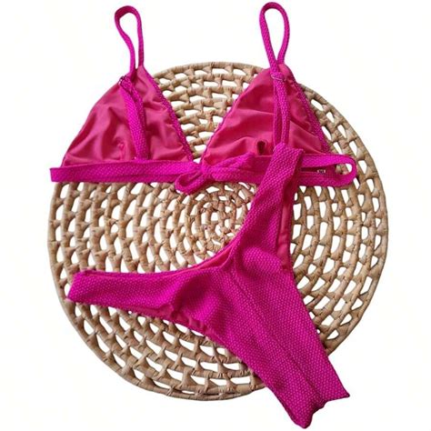 Fixed Bikini With Adjustable Straps Double Thong Delta Wing Panties Made In Textured Caramel