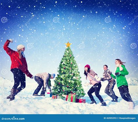 Christmas Snowball Fight Winter Friends Yuletide Concept Stock Image