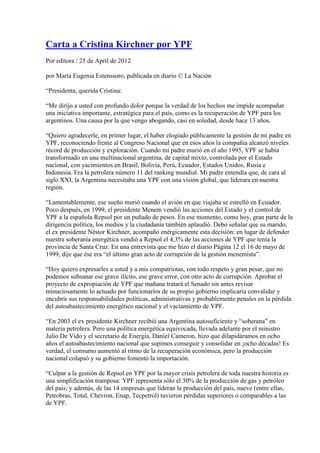 Carta Abierta A Cristina Kirchner Por YPF Sen Maria Eugenia Estenssoro