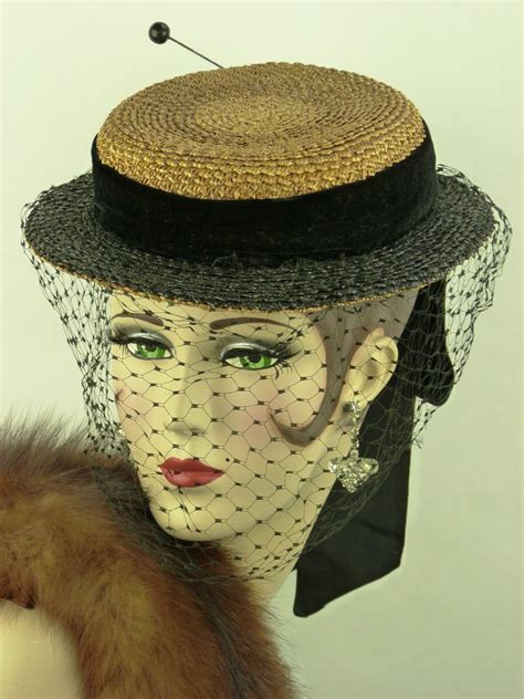 Vintage Hat 1900s Victorian Straw Boater Tilt Black Velvet Ribbon Veil