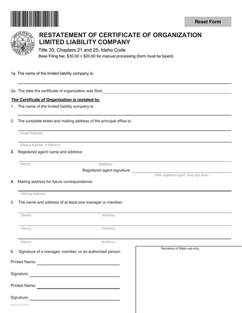 Idaho Restatement Of Certificate Of Organization Limited Liability