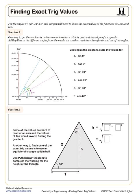 Finding Exact Trig Values Worksheet Printable Maths Worksheets