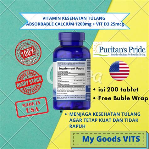 Jual Puritan Pride Absorbable Calcium 1200mg Vitamin D3 1000iu 25mcg Isi 100 And 200 Softgel