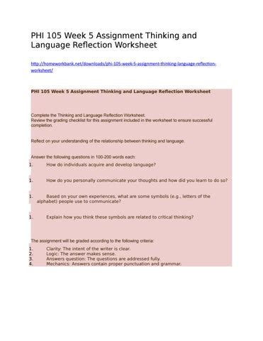 Phi 105 Week 5 Assignment Thinking And Language Reflection Worksheet By