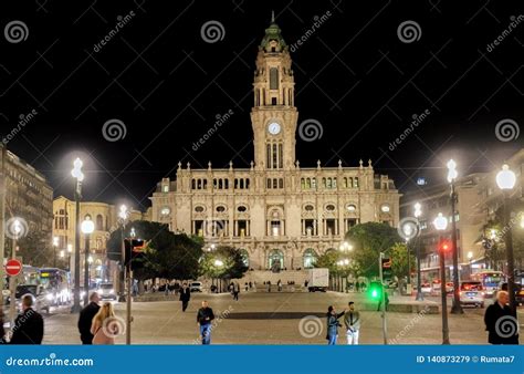 Night View On City Hall Of Porto Avenida Dos Aliados Editorial Stock