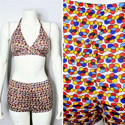 Vintage 1970s Bikini Flower Power Two Piece Swimsuit 70s Bathing