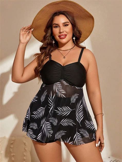 Shein Swim Lushore Vestido De Mai Estampa Tropical E Franzido Plus