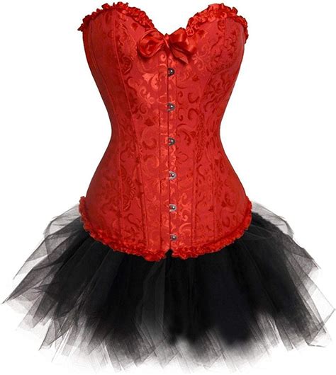 Damen Rot Satin Corsage Korsett Tutu Rock Halloween Party Corset Fiesta