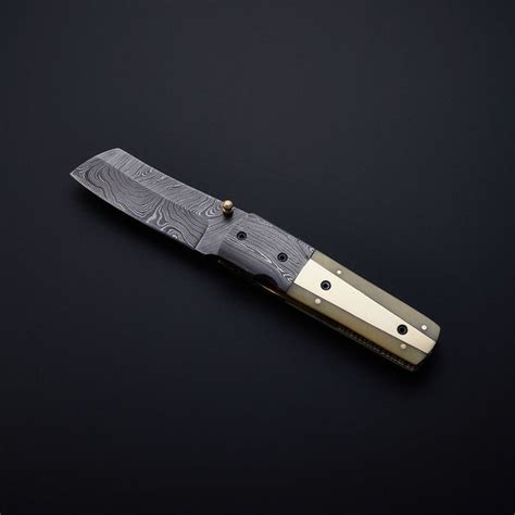 CUSTOM HANDMADE DAMASCUS POCKET KNIFE WITH LEATHER SHEATH – NB CUTLERY LTD