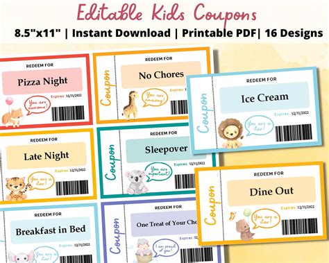 Editable Kids Coupons | Printable Kids Reward Cards | Animal Coupons ...