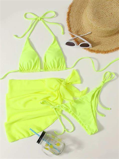 Shein Swim Summer Beach 3pack Neon Lime Triangle Bikini Swimsuit With