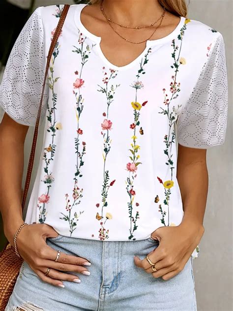 Paneled T Shirt Plus Size Floral Print Cutout Casual Short Temu