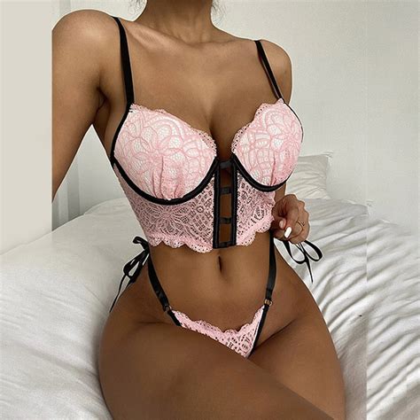 Sexy Contrast Color See Through Lace Spliced Lingerie Set