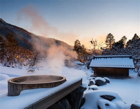 Steaming Japanese Onsen Hot Springs Nestled In A Snowy Landscape During A Quiet Winter Evening