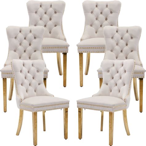 Oduse Daily Beige Velvet Dining Table Chairs Set Of 6 Tufted With