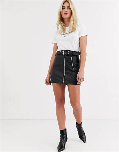 Topshop Faux Leather Skirt With Belt In Black Asos