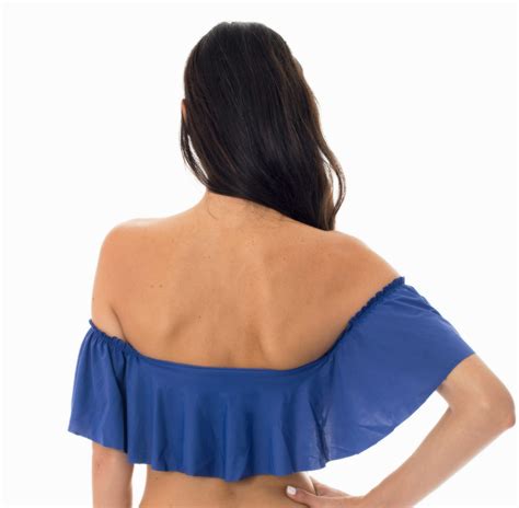 Blaues schulterfreies Bade Crop Top gerüscht Soutien Denim Babado Bikini BRASIL Shop