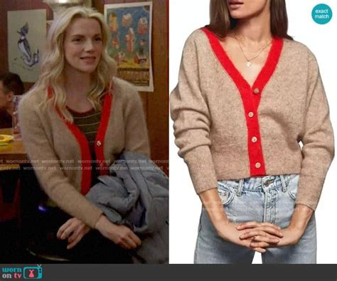 Wornontv Sylvies Beige Cardigan With Red Trim On Chicago Fire Kara