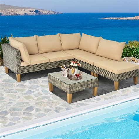 Gymax 4PCS Outdoor Furniture Set Rattan Patio Sectional Sofa Set W