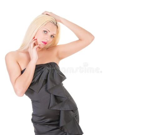Sexy Blonde Dame In Zwarte Kleding Tegen Wit Stock Afbeelding Image Of Aantrekkingskracht