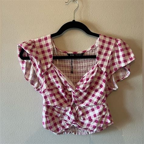 Zara Tops Zara White And Pink Checkered Crop Top Poshmark