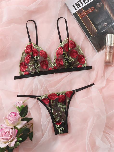 Floral Embroidery Mesh Lingerie Set