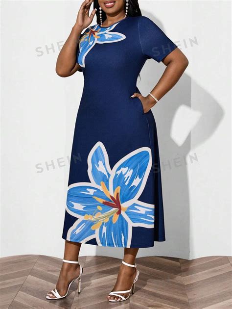 Shein Lady Plus Size Women S Elegant Commuting Summer Dress Big Floral