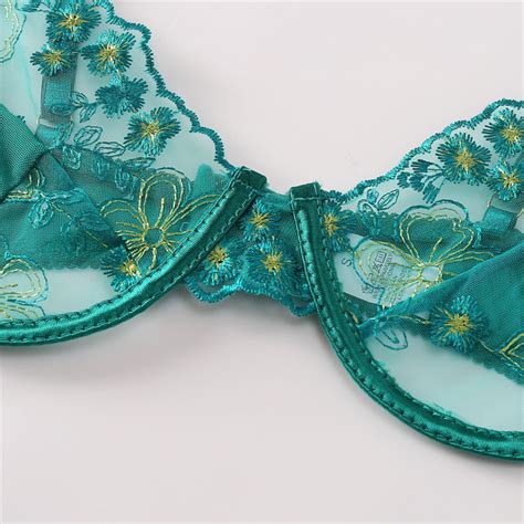 2022 Spring Summer Sexy Lingerie Stockings Garter Belt Embroidery Mesh Three Pieces Bra Thong