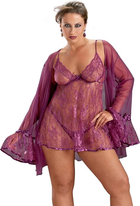 Amazon Plus Size Lingerie Lace Babydoll Coat Set 1X Berry Clothing Shoes Jewelry