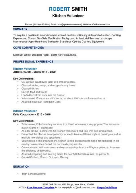 Kitchen Volunteer Resume Samples Qwikresume