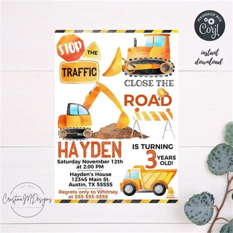 Editable Construction Birthday Invitationdump Truck Etsy