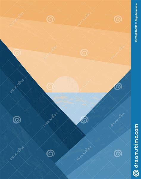 Paisaje Minimalista Abstracto Monta As Y Puesta De Sol En El Mar
