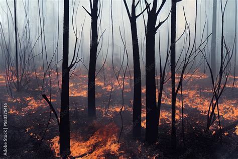 Forest tree devoured by flames of wildfire natural disaster. Effect of ...