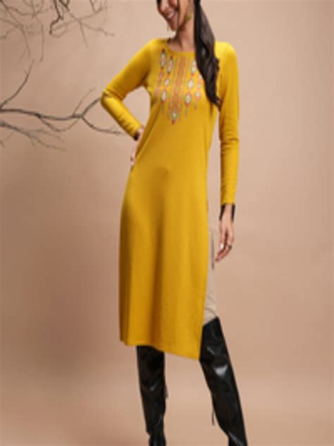 Buy Vishudh Mustard Yellow Ethnic Motif Embroidered Winter Straight