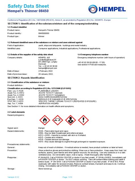 Sds Hempel Thinner 08450 Pdf Toxicity Personal Protective Equipment