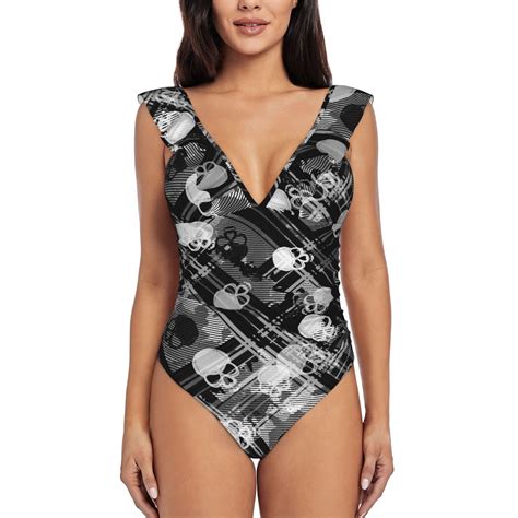 Bingfone Seamless Pattern With Skulls Print Women Ruffle One Piece