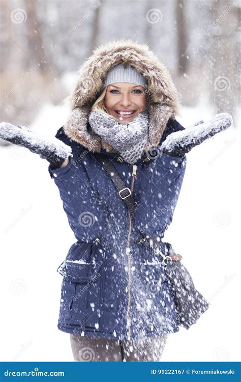 Beautiful Blonde Playing With Snow Stock Image Image Of Human Headwear 99222167