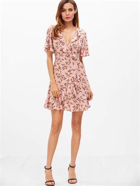 Vestido Cruzado Con Estampado Floral Y Volantes Rosa Spanish SheIn