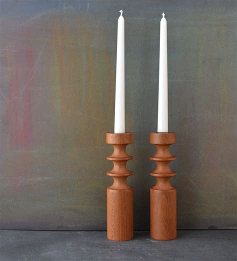 Danish Modern Candle Holders Turned Wood Teak Candlesticks