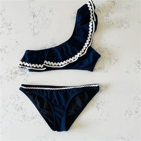 J Crew Swim J Crew Blue And White One Shoulder Rick Rack Bikini Set Poshmark