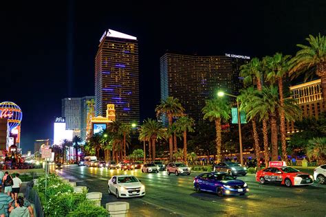 Las Vegas Strip at night. Street view, hotels and casinos, traf ...