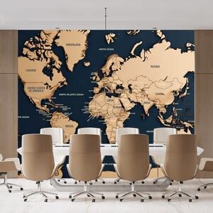 Navy Blue And Beige World Map Wallpaper For Home Office Wall