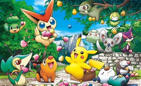 Fond Décran Pokémon Pikachu Oshawott Snivy Victini Baies Anime