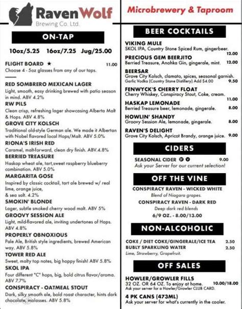 Ravenwolf Brewing Co Ltd Menu In Spruce Grove Alberta Canada