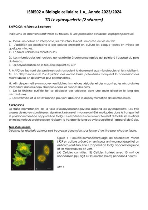 TD Cytosquelette 2023 LSBi 502 Biologie cellulaire 1 Année 202 3