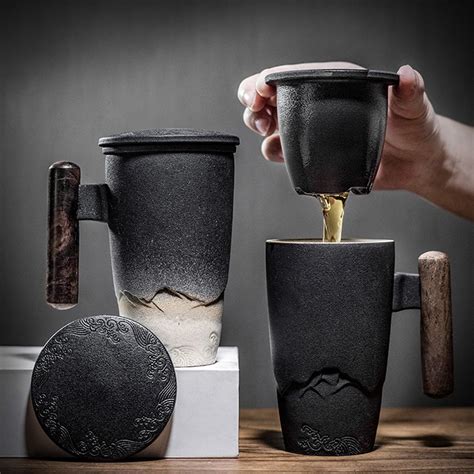 Pot De Tasse De Tasse Noir En Céramique Avec Poignée En Bois Etsy