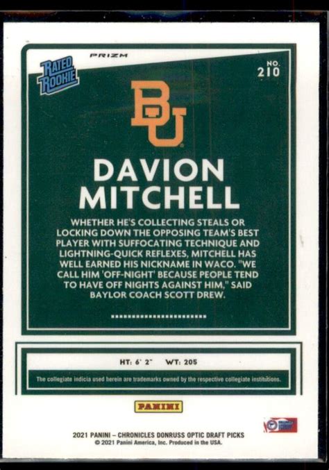 Davion Mitchell 2021 22 Panini Donruss Optic Holo Prizm RC 210 Baylor