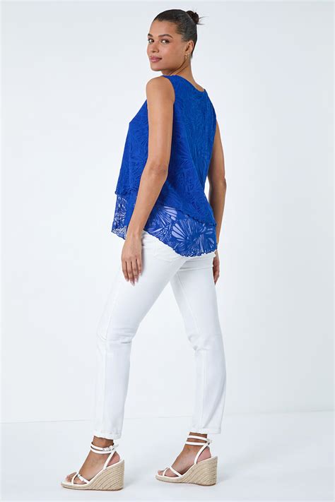 Royal Blue Burnout Swirl Print Asymmetric Top Roman Uk