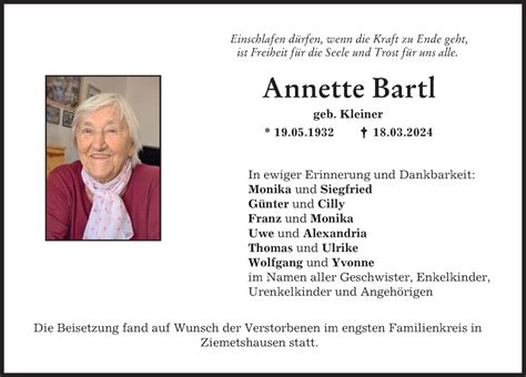 Traueranzeigen Von Annette Bartl Augsburger Allgemeine Zeitung