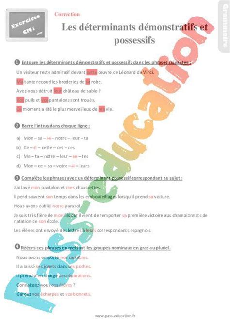 Les D Terminants Possessifs Et D Monstratifs Cm Exercices